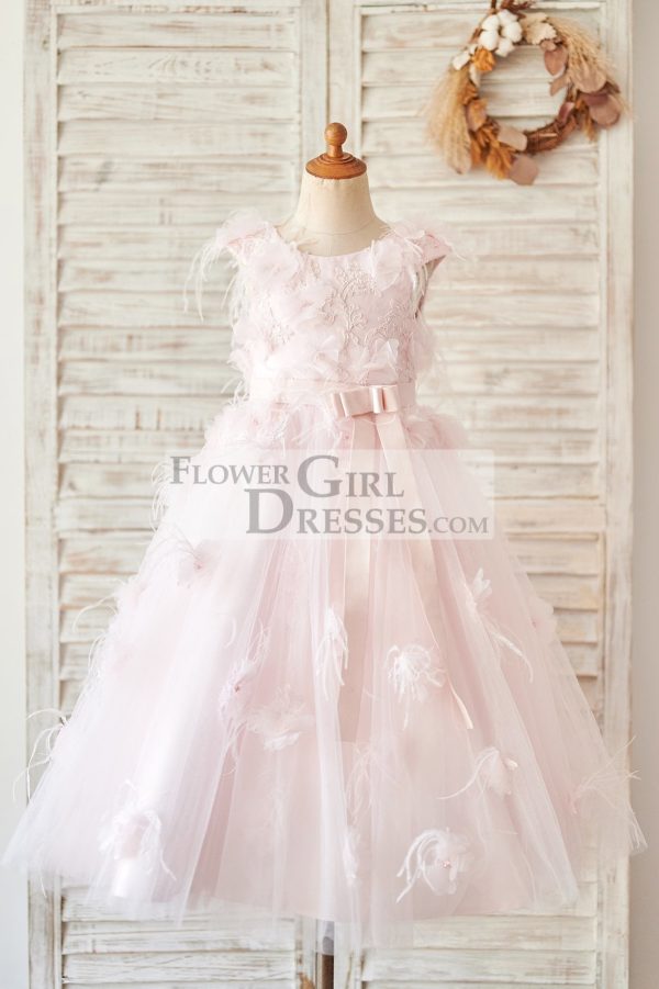 Pink Lace Tulle V Back Wedding Flower Girl Dress, Feather