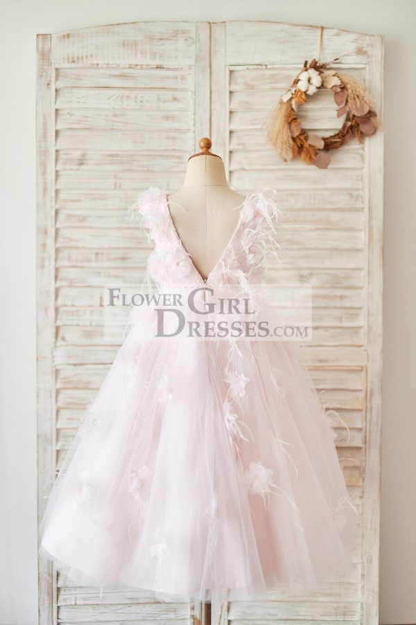 Pink Lace Tulle V Back Wedding Flower Girl Dress, Feather - Image 2