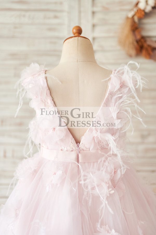 Pink Lace Tulle V Back Wedding Flower Girl Dress, Feather - Image 4