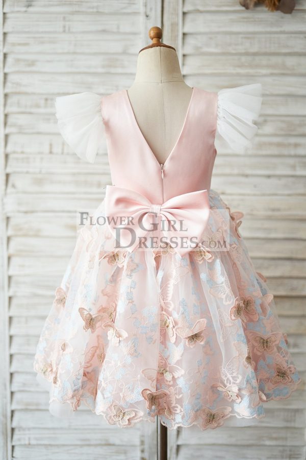 Pink Satin Butterfly Tulle Ruffles Cap Sleeves V Back Wedding Flower Girl Dress - Image 2