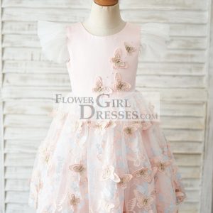 Pink Satin Butterfly Tulle Ruffles Cap Sleeves V Back Wedding Flower Girl Dress