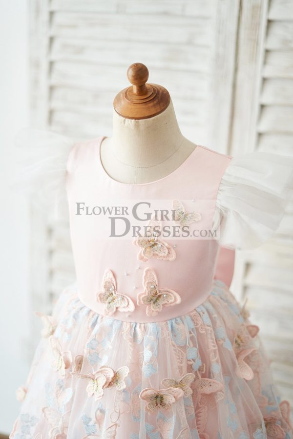 Pink Satin Butterfly Tulle Ruffles Cap Sleeves V Back Wedding Flower Girl Dress - Image 3