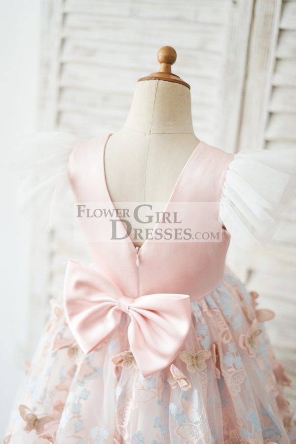 Pink Satin Butterfly Tulle Ruffles Cap Sleeves V Back Wedding Flower Girl Dress - Image 4