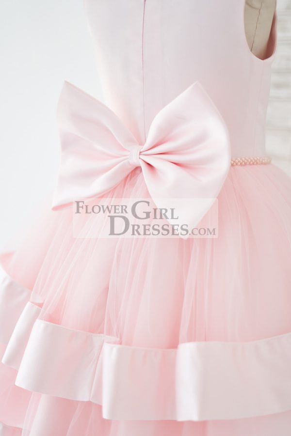 Pink Satin Tulle Cupcake Wedding Flower Girl Dress, Bow - Image 4
