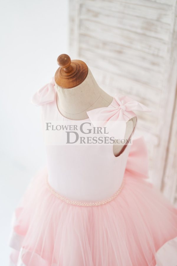 Pink Satin Tulle Cupcake Wedding Flower Girl Dress, Bow - Image 3