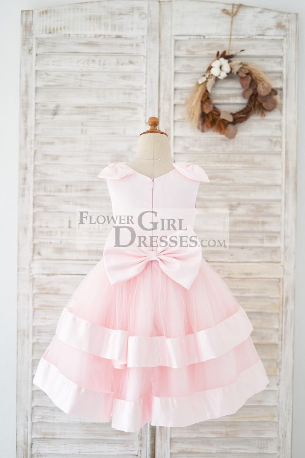 Pink Satin Tulle Cupcake Wedding Flower Girl Dress, Bow - Image 2