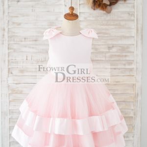 Pink Satin Tulle Cupcake Wedding Flower Girl Dress, Bow