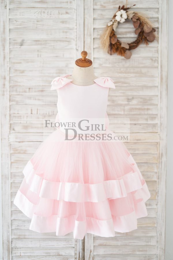 Pink Satin Tulle Cupcake Wedding Flower Girl Dress, Bow