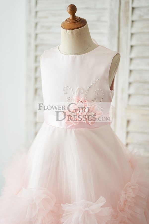 Pink Satin Tulle Keyhole Back Ruffles Wedding Flower Girl Dress - Image 3