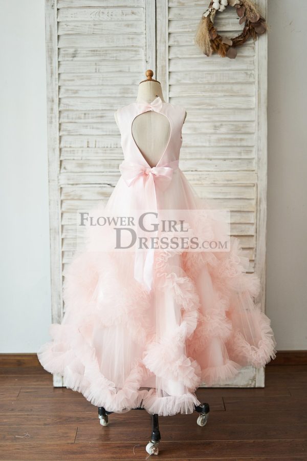 Pink Satin Tulle Keyhole Back Ruffles Wedding Flower Girl Dress - Image 2