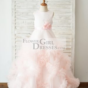 Pink Satin Tulle Keyhole Back Ruffles Wedding Flower Girl Dress