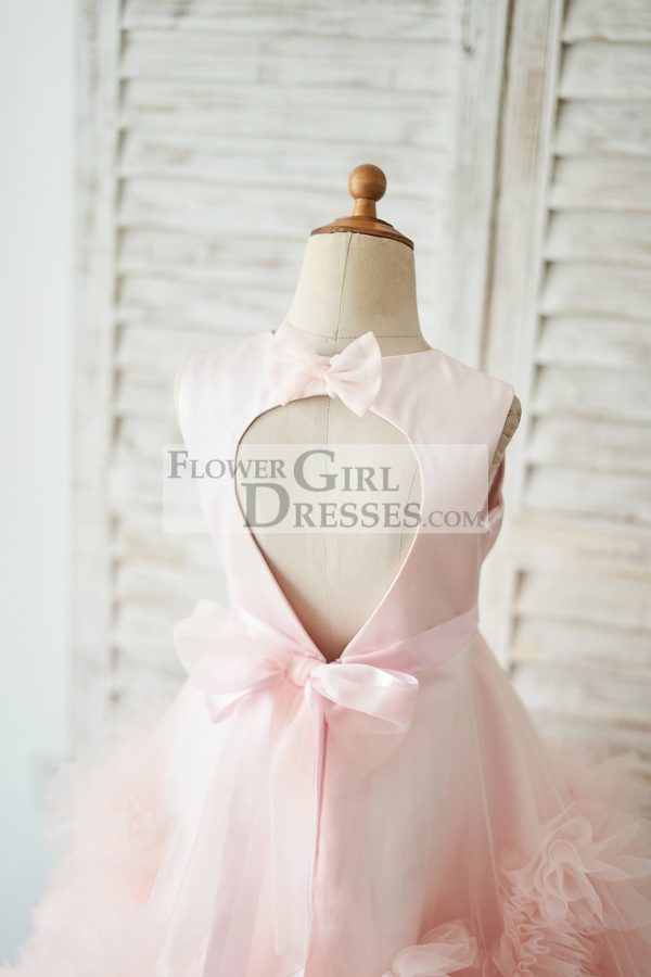 Pink Satin Tulle Keyhole Back Ruffles Wedding Flower Girl Dress - Image 4