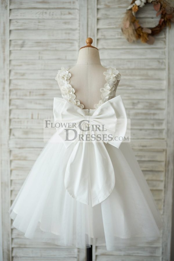 Princess Ivory Lace Tulle V Back Wedding Flower Girl Dress, Big Bow - Image 2