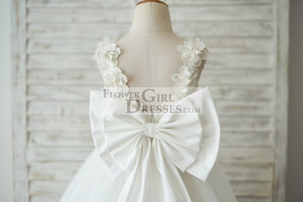 Princess Ivory Lace Tulle V Back Wedding Flower Girl Dress, Big Bow - Image 3