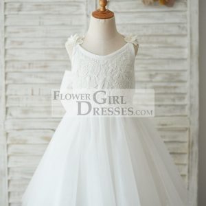 Princess Ivory Lace Tulle V Back Wedding Flower Girl Dress, Big Bow