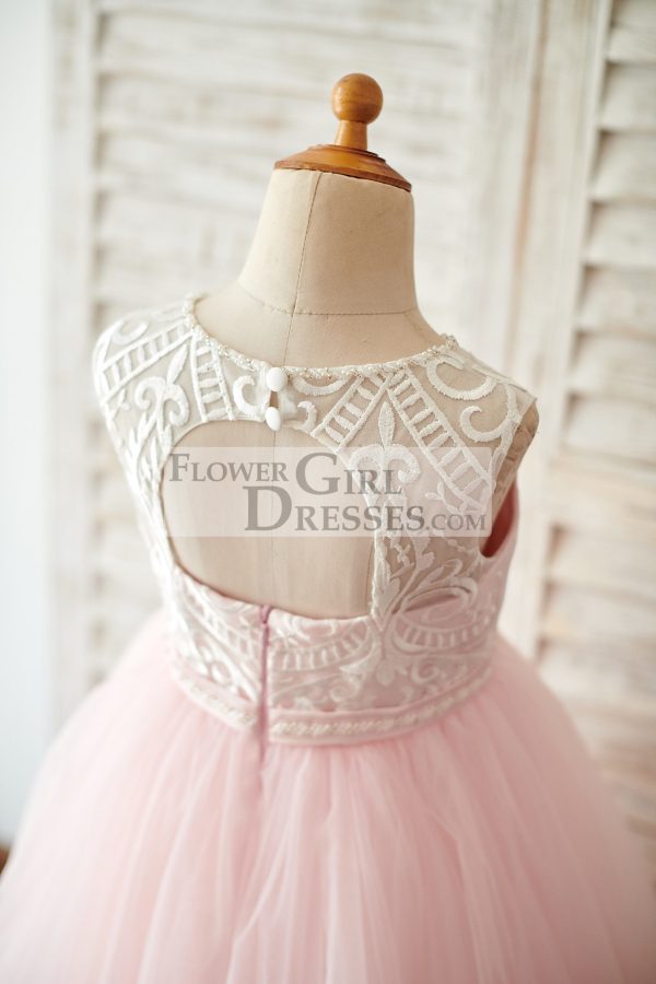 Princess Keyhole Back Ivory Lace Pink Tulle Wedding Flower Girl Dress - Image 4
