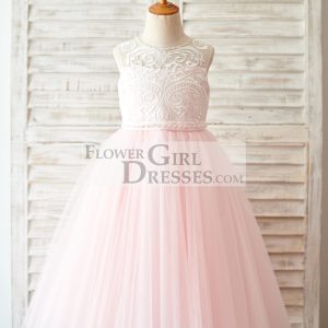 Princess Keyhole Back Ivory Lace Pink Tulle Wedding Flower Girl Dress