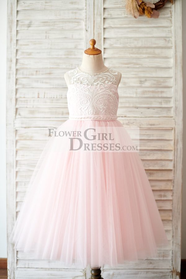 Princess Keyhole Back Ivory Lace Pink Tulle Wedding Flower Girl Dress