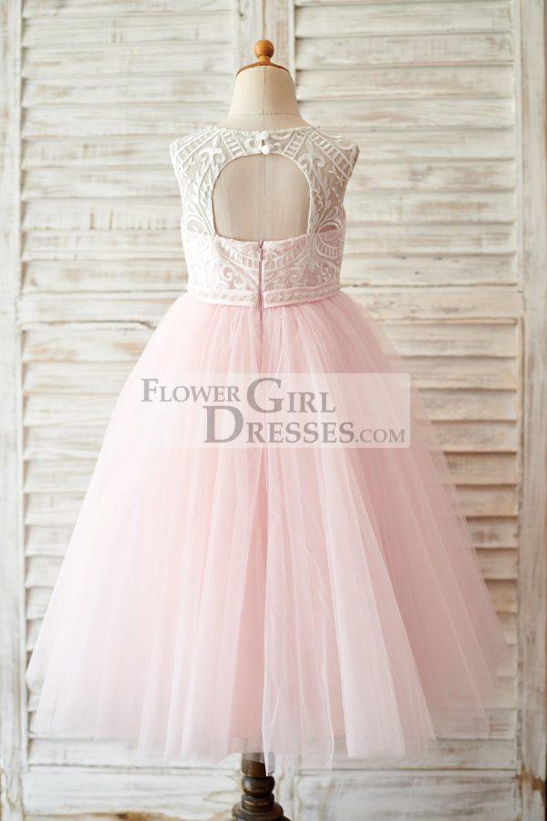 Princess Keyhole Back Ivory Lace Pink Tulle Wedding Flower Girl Dress - Image 2
