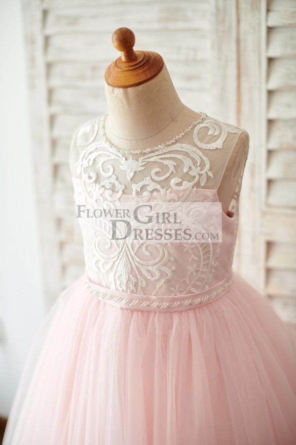 Princess Keyhole Back Ivory Lace Pink Tulle Wedding Flower Girl Dress - Image 3
