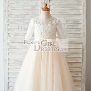 Short Elbow Sleeves Ivory Lace Champagne Tulle Wedding Flower Girl Dress