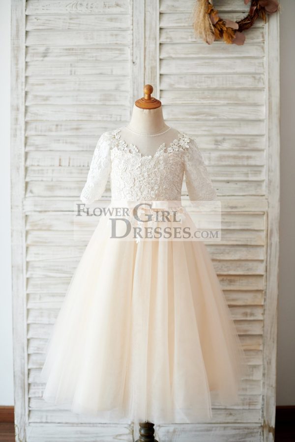 Short Elbow Sleeves Ivory Lace Champagne Tulle Wedding Flower Girl Dress