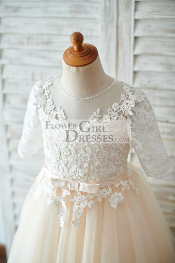 Short Elbow Sleeves Ivory Lace Champagne Tulle Wedding Flower Girl Dress - Image 3