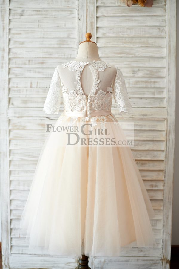 Short Elbow Sleeves Ivory Lace Champagne Tulle Wedding Flower Girl Dress - Image 2