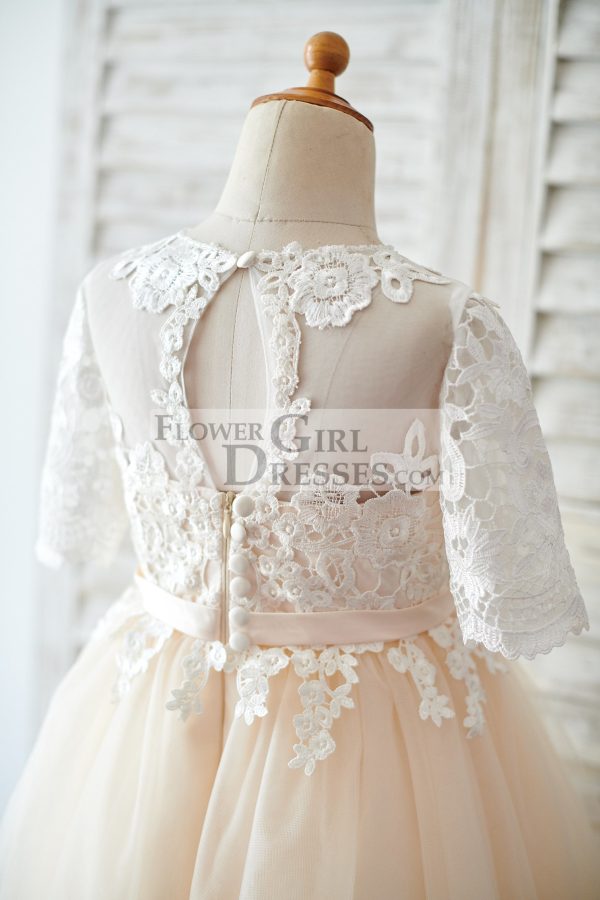 Short Elbow Sleeves Ivory Lace Champagne Tulle Wedding Flower Girl Dress - Image 4