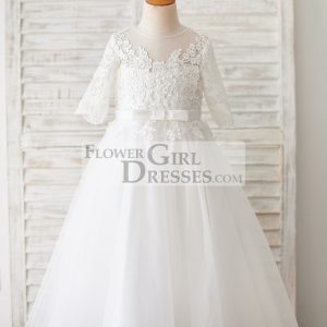 Princess Short Elbow Sleeves Ivory Lace Tulle Wedding Flower Girl Dress