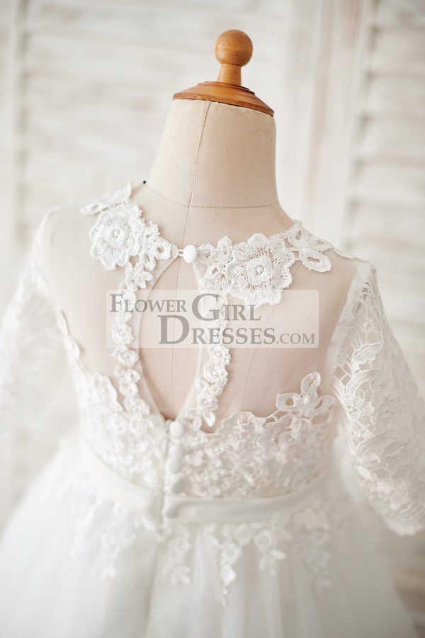 Princess Short Elbow Sleeves Ivory Lace Tulle Wedding Flower Girl Dress - Image 4