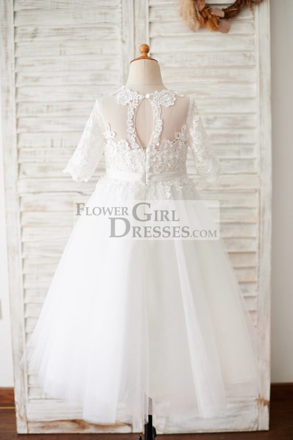 Princess Short Elbow Sleeves Ivory Lace Tulle Wedding Flower Girl Dress - Image 2