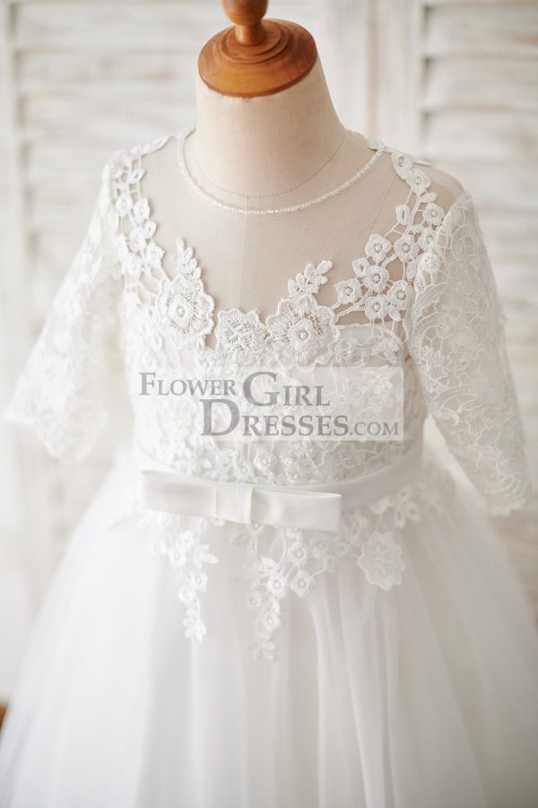 Princess Short Elbow Sleeves Ivory Lace Tulle Wedding Flower Girl Dress - Image 3