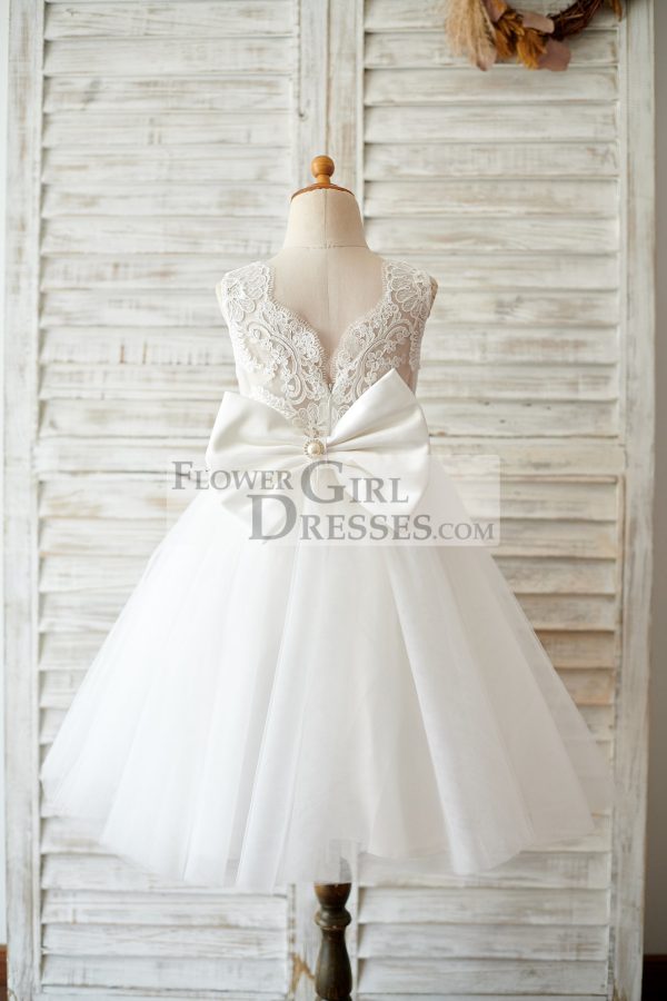 Princess V Back Ivory Lace Tulle Wedding Flower Girl Dress, Big Bow - Image 2
