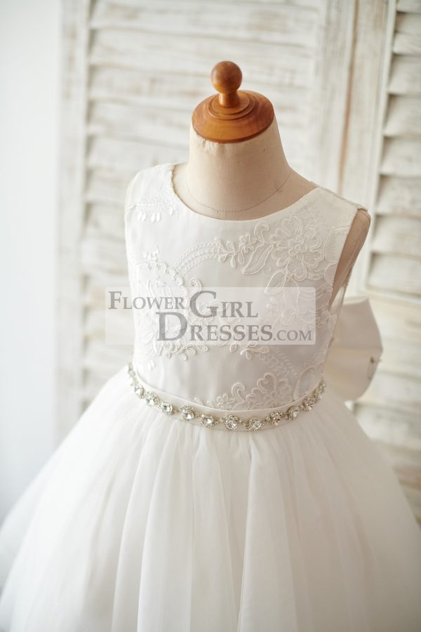 Princess V Back Ivory Lace Tulle Wedding Flower Girl Dress, Big Bow - Image 3