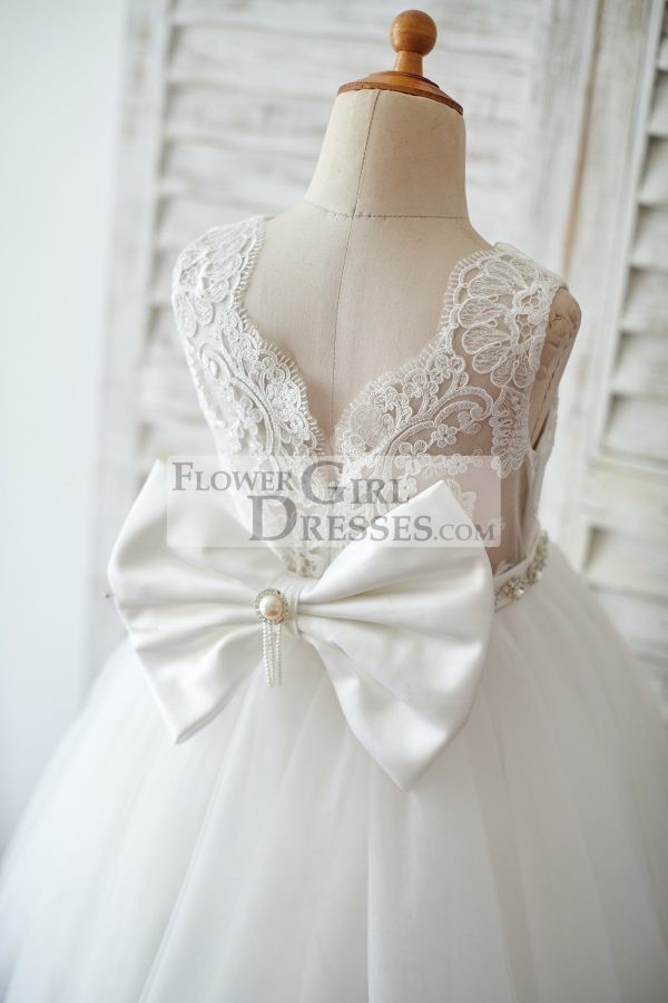Princess V Back Ivory Lace Tulle Wedding Flower Girl Dress, Big Bow - Image 4