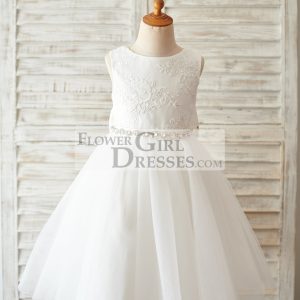 Princess V Back Ivory Lace Tulle Wedding Flower Girl Dress, Big Bow