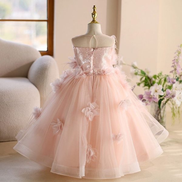 Princess Sleeveless 3D Floral Pink Tulle Birthday Party Wedding Flower Girl Dress, Sequin - Image 2
