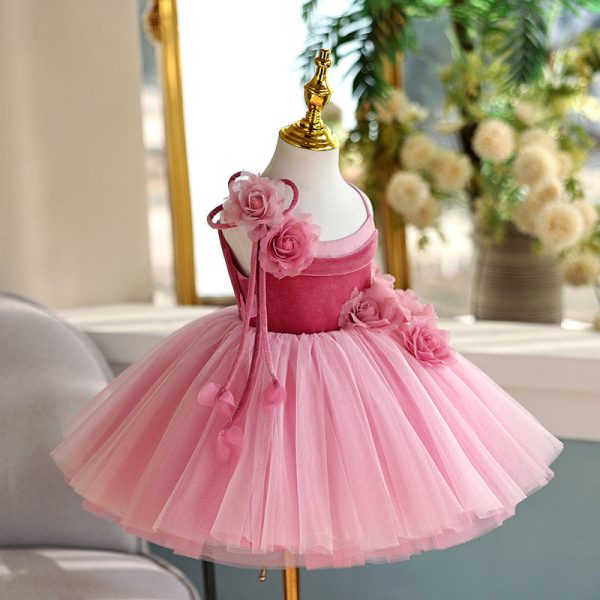 Princess Pink Tulle TUTU Straps Birthday Wedding Party Flower Girl Dress, Flowers - Image 4