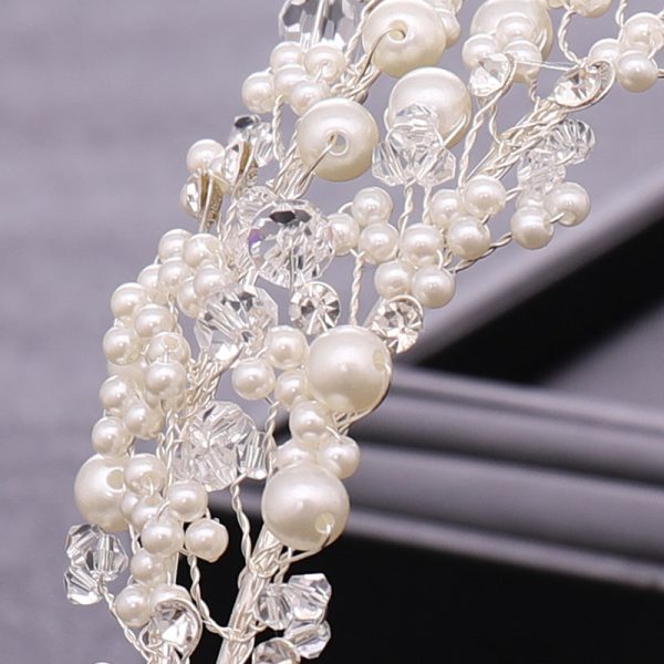 White Dreamy Pearl Crystal Rhinestone Handmade Wedding Headband-Crown - Image 2
