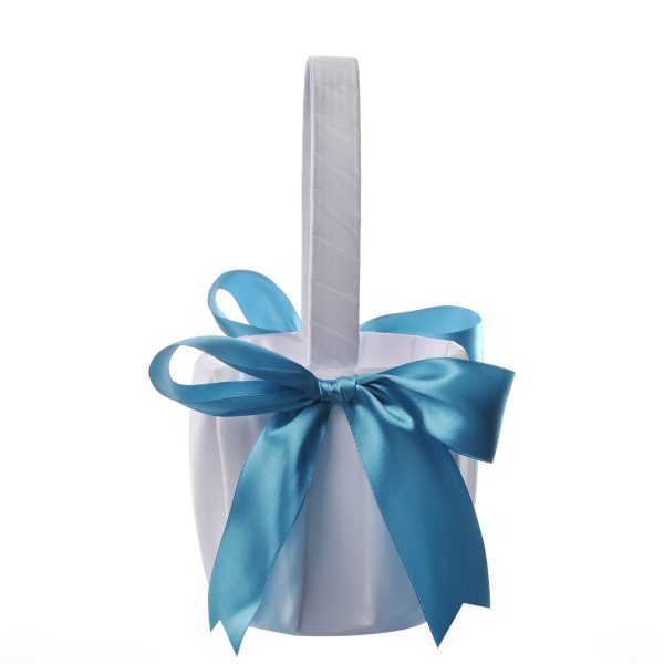 White or Colored Accent Bows-White Satin Wedding Flower Girl Baskets - Image 2