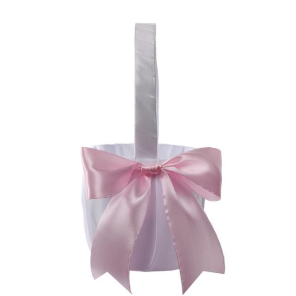 White or Colored Accent Bows-White Satin Wedding Flower Girl Baskets - Image 3