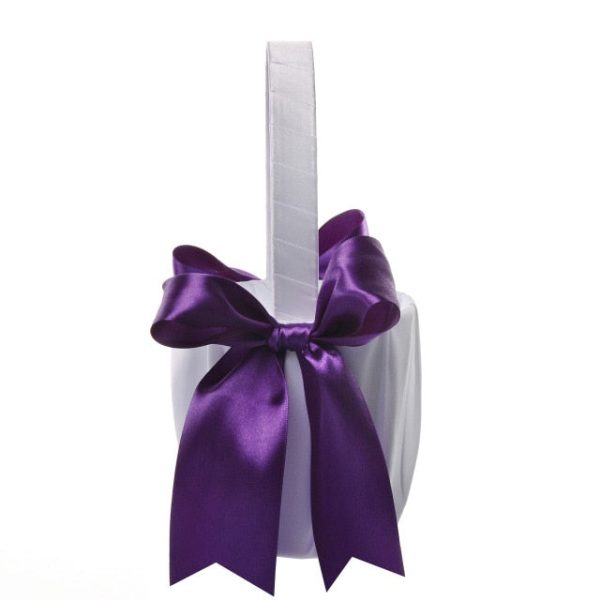White or Colored Accent Bows-White Satin Wedding Flower Girl Baskets - Image 6