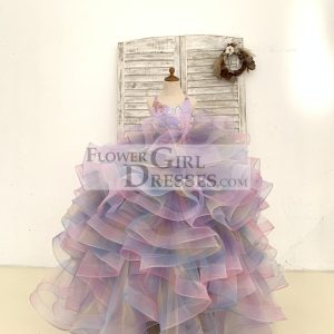 Rainbow Ruffle Tulle Butterfly Beaded Sequin Backless Wedding Flower Girl Dress