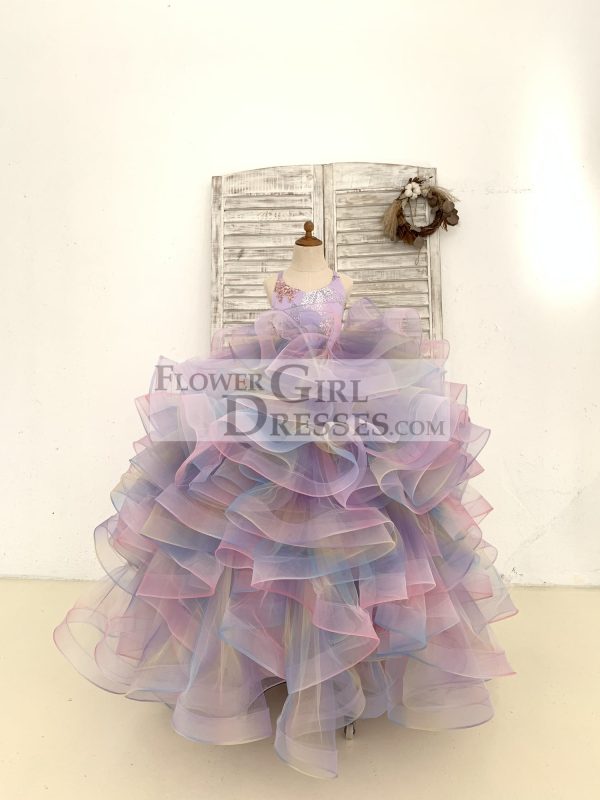 Rainbow Ruffle Tulle Butterfly Beaded Sequin Backless Wedding Flower Girl Dress