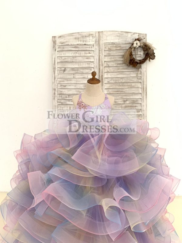 Rainbow Ruffle Tulle Butterfly Beaded Sequin Backless Wedding Flower Girl Dress - Image 6