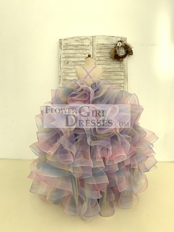 Rainbow Ruffle Tulle Butterfly Beaded Sequin Backless Wedding Flower Girl Dress - Image 2