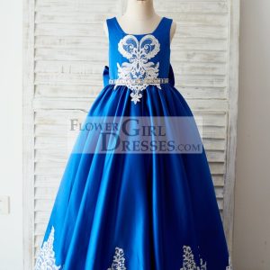 Royal Blue Satin Square Neck Wedding Party Flower Girl Dress, Lace Trim