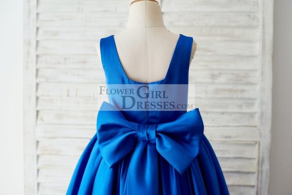 Royal Blue Satin Square Neck Wedding Party Flower Girl Dress, Lace Trim - Image 5