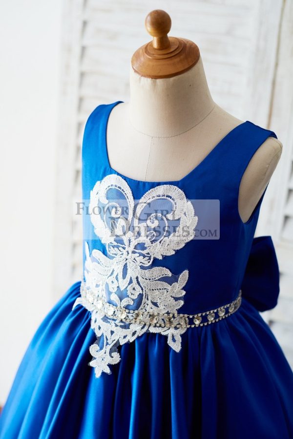 Royal Blue Satin Square Neck Wedding Party Flower Girl Dress, Lace Trim - Image 4